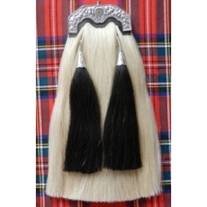 Original Long Horse Hair Sporran. White Horse Hair Body Two Black Tassels, Chrome Plated Cantle